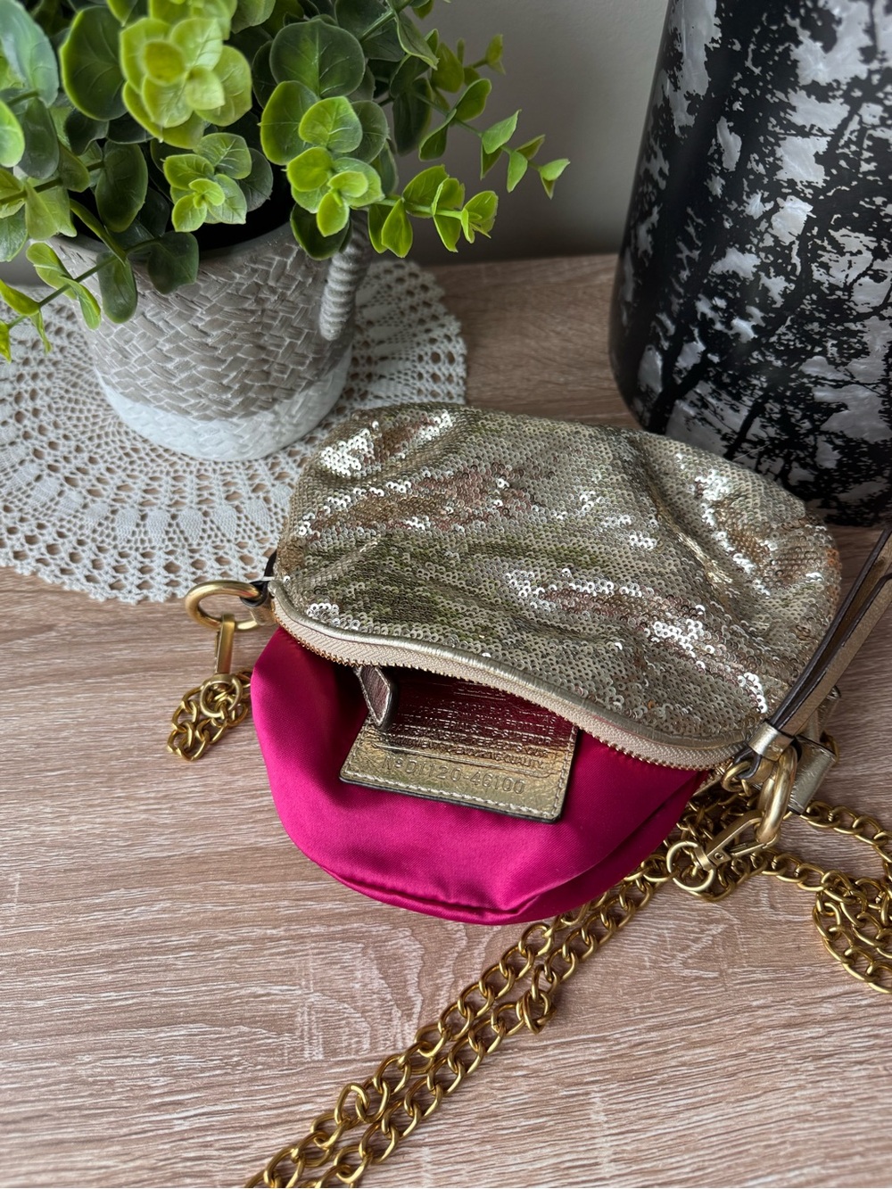 Coach Gold Sequin Wristlet with Decorative Bow and Chain - Picture 4 of 8